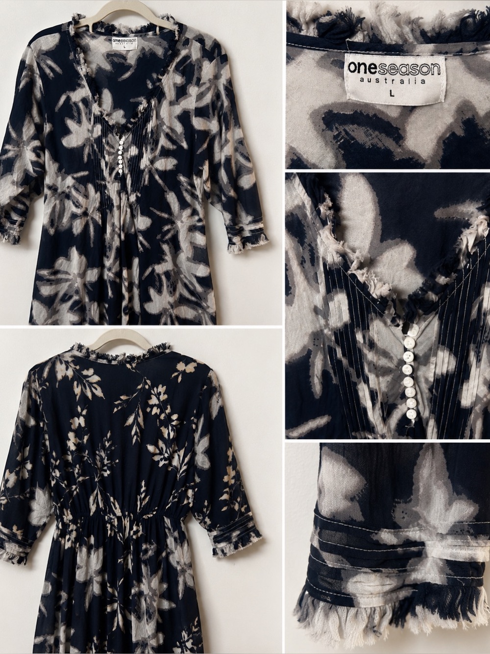 One Season Australia Floral Tunic Kaftan Dress Size L Black Gray Resort Boho
